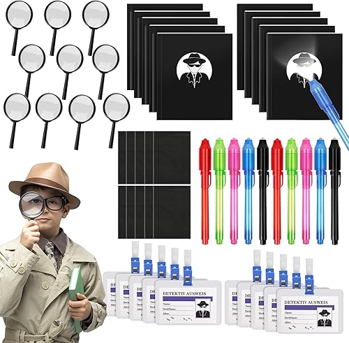 Detektiv Set Kinder, 50 Stück Detektive Spielzeug Kinder Set, UV Stift Notizbuch Lupen Spielzeug Detektivausweis Ausweise mit Clip, Mitgebsel Kindergeburtstag Gastgeschenke Detektiv Rollenspiel - Kaedas