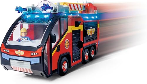 SIMBA 109252595 Feuerwehrmann Jupiter, Feuerwehrauto, Sam und Radar Figur, Leuchteffekte, Sirene, Drehleiter, Wasserpfeile, Plattform für Quad, 32cm, Zubehör, ab 3 Jahren, Rot - Kaedas