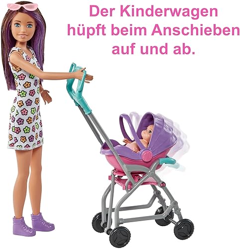 Barbie Skipper Babysitter Inc, Skipper mit braunen und lila Haaren, Baby, Kinderwagen, Babytrage, Zubehör, insgesamt 2 Puppen, Geschenk für Kinder, Spielzeug ab 3 Jahre,GXT34 - Kaedas