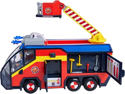 SIMBA 109252595 Feuerwehrmann Jupiter, Feuerwehrauto, Sam und Radar Figur, Leuchteffekte, Sirene, Drehleiter, Wasserpfeile, Plattform für Quad, 32cm, Zubehör, ab 3 Jahren, Rot - Kaedas