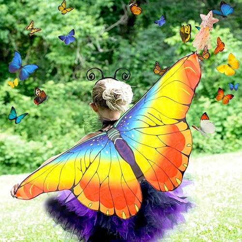 Kinwers Schmetterling Kostüm Kinder,4 Stück Kostüm Schmetterling Kinder Mädchen Schmetterlingsflügel mit Maske Haarreif Gazerock,Halloween Kostüm Karneval Fasching Cosplay - Kaedas