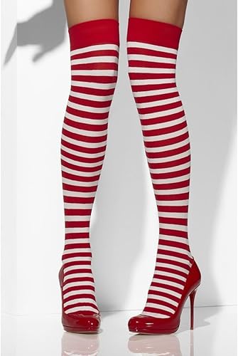 Smiffys Blickdichte halterlose Strümpfe, Rot & Weiß, Gestreift - Kaedas