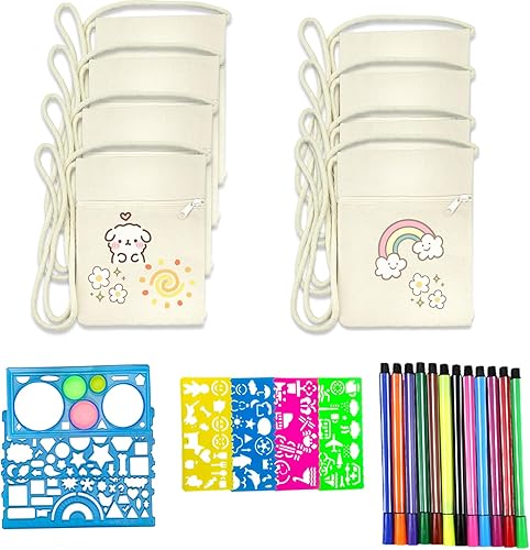 hocadon Taschen zum Bemalen für Kinder Stoffbeutel zum Bemalen mit 8 Beutel+12 Aquarellstifte+7 Zeichenvorlagen, Stoffbeutel DIY für Kinder zum Bemalen, Brustbeutel für Schule, Party, Geschenk - Kaedas