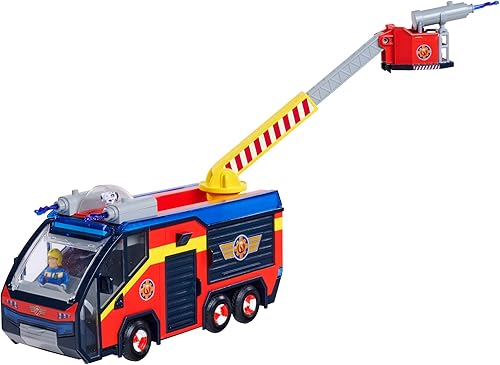 SIMBA 109252595 Feuerwehrmann Jupiter, Feuerwehrauto, Sam und Radar Figur, Leuchteffekte, Sirene, Drehleiter, Wasserpfeile, Plattform für Quad, 32cm, Zubehör, ab 3 Jahren, Rot - Kaedas