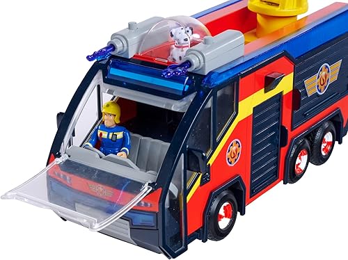 SIMBA 109252595 Feuerwehrmann Jupiter, Feuerwehrauto, Sam und Radar Figur, Leuchteffekte, Sirene, Drehleiter, Wasserpfeile, Plattform für Quad, 32cm, Zubehör, ab 3 Jahren, Rot - Kaedas